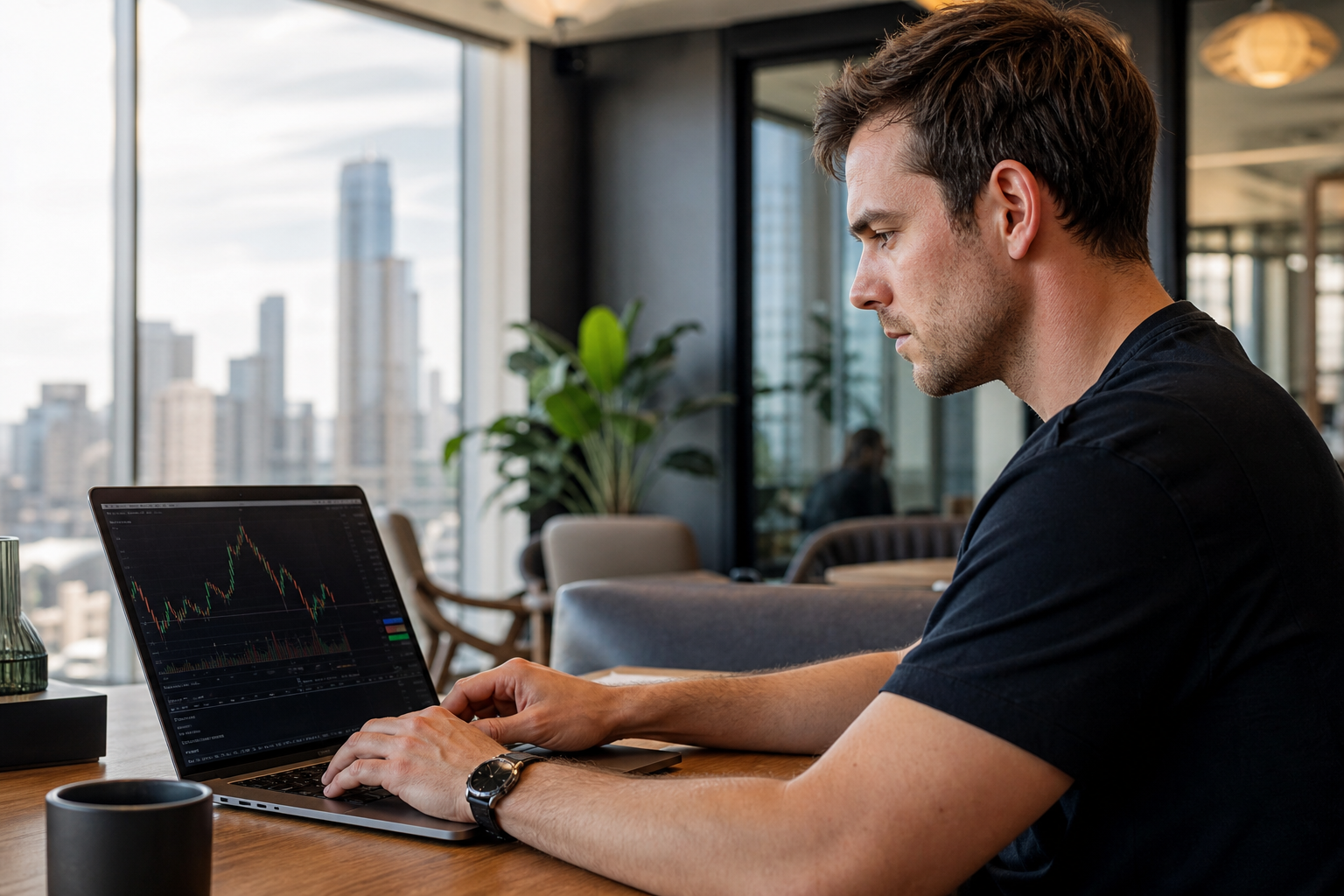 Professional looking toward a sunrise city skyline, representing mission and long-term vision