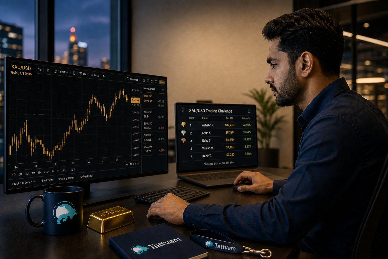 Trader monitoring XAU/USD charts during the trading challenge