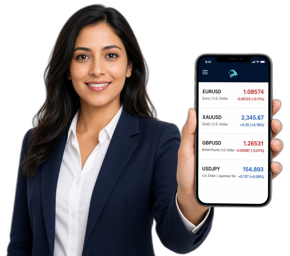 Trader holding a phone with live market quotes on screen